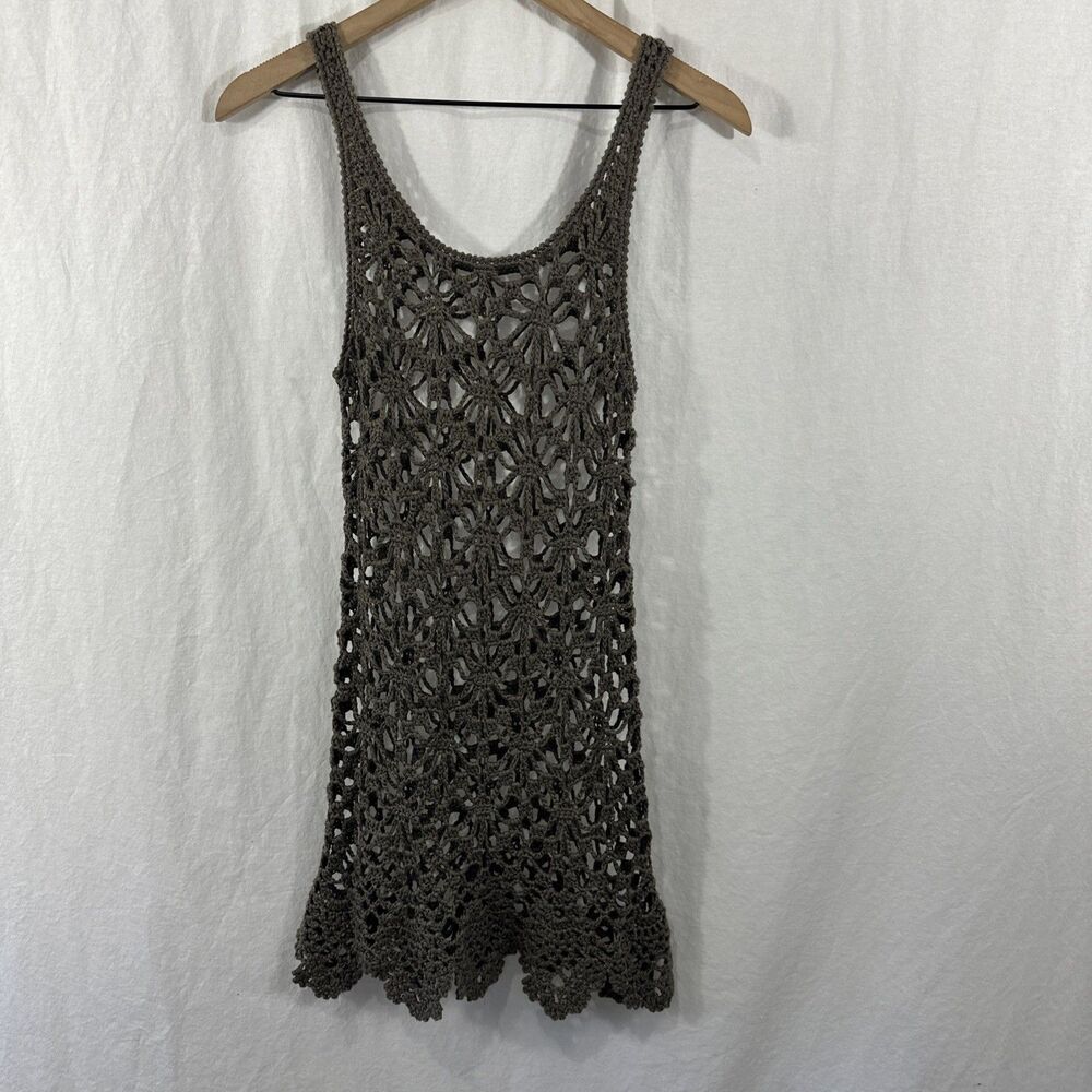 Unbranded Taupe Brown Open Crochet Knit Layering Tunic Sleeveless Dress Top Sz S
